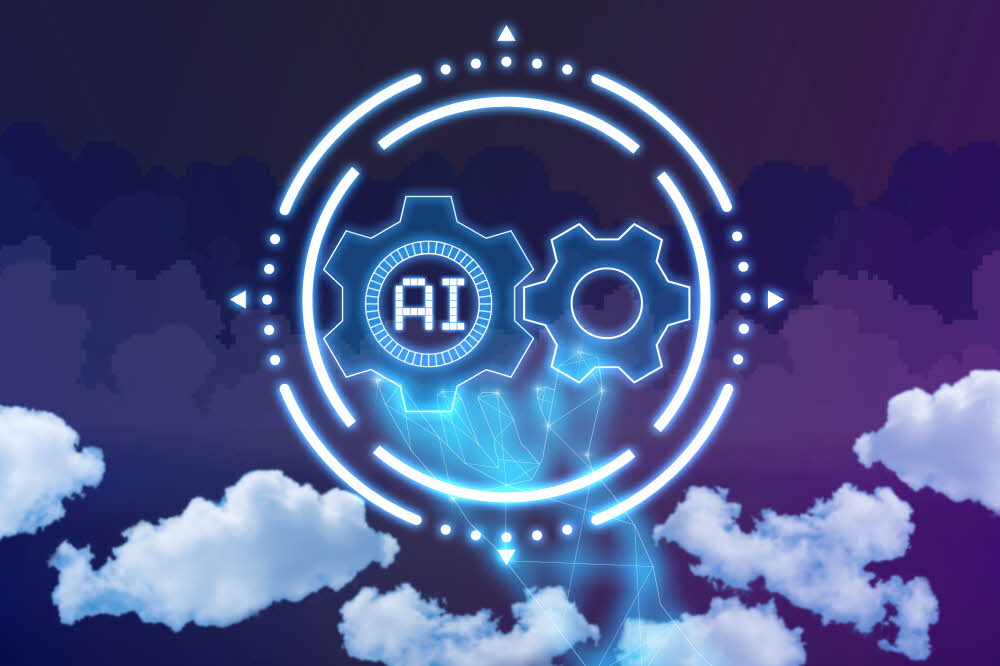 Futuristic with AI artificial intelligence hand. Digital technology online with cyber android concept background.