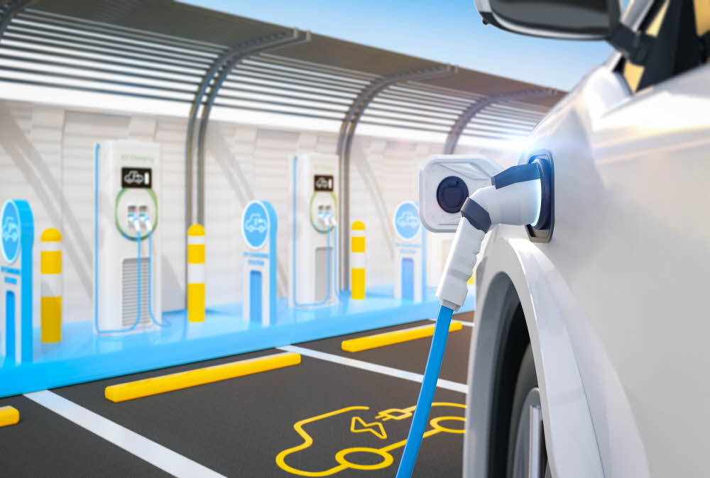 3d rendering white ev car or electric vehicle plug in with recharging station