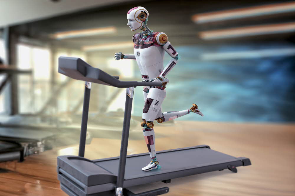 Humanoid robot running on a treadmill in a gym, 3D illustration. Artificial intelligence in sport. Future of technology S